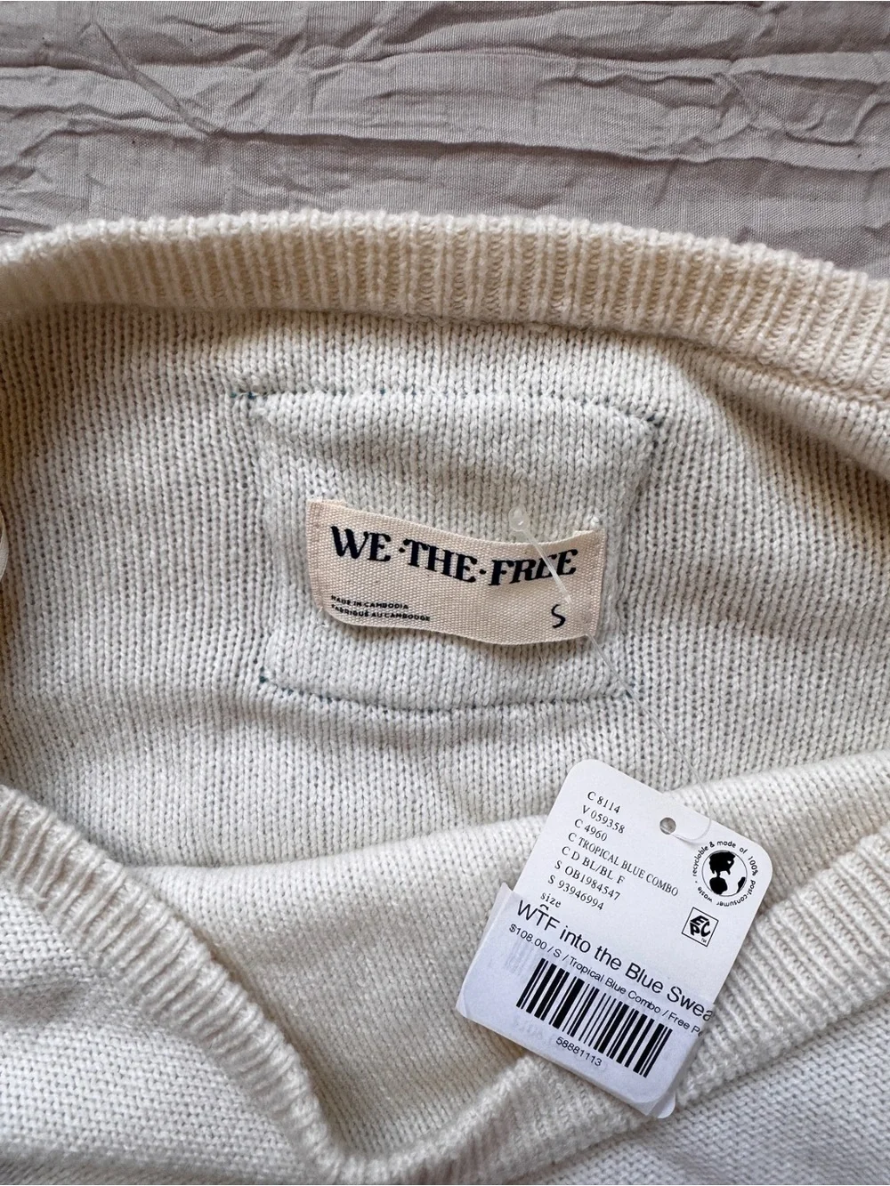 We The Free Cream Cropped Crew Sweater with Teal Trim